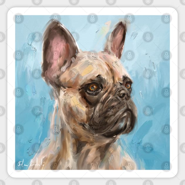 Loose Thick Oil Painting of a French Bulldog on Light Blue Background Sticker by ibadishi